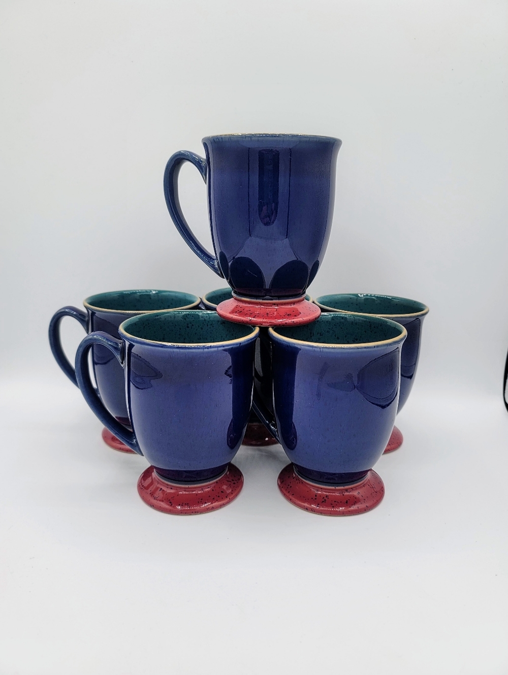 Denby Harlequin Mugs Set 6 England Blue Teal Speckled Stoneware Coffee Vintage